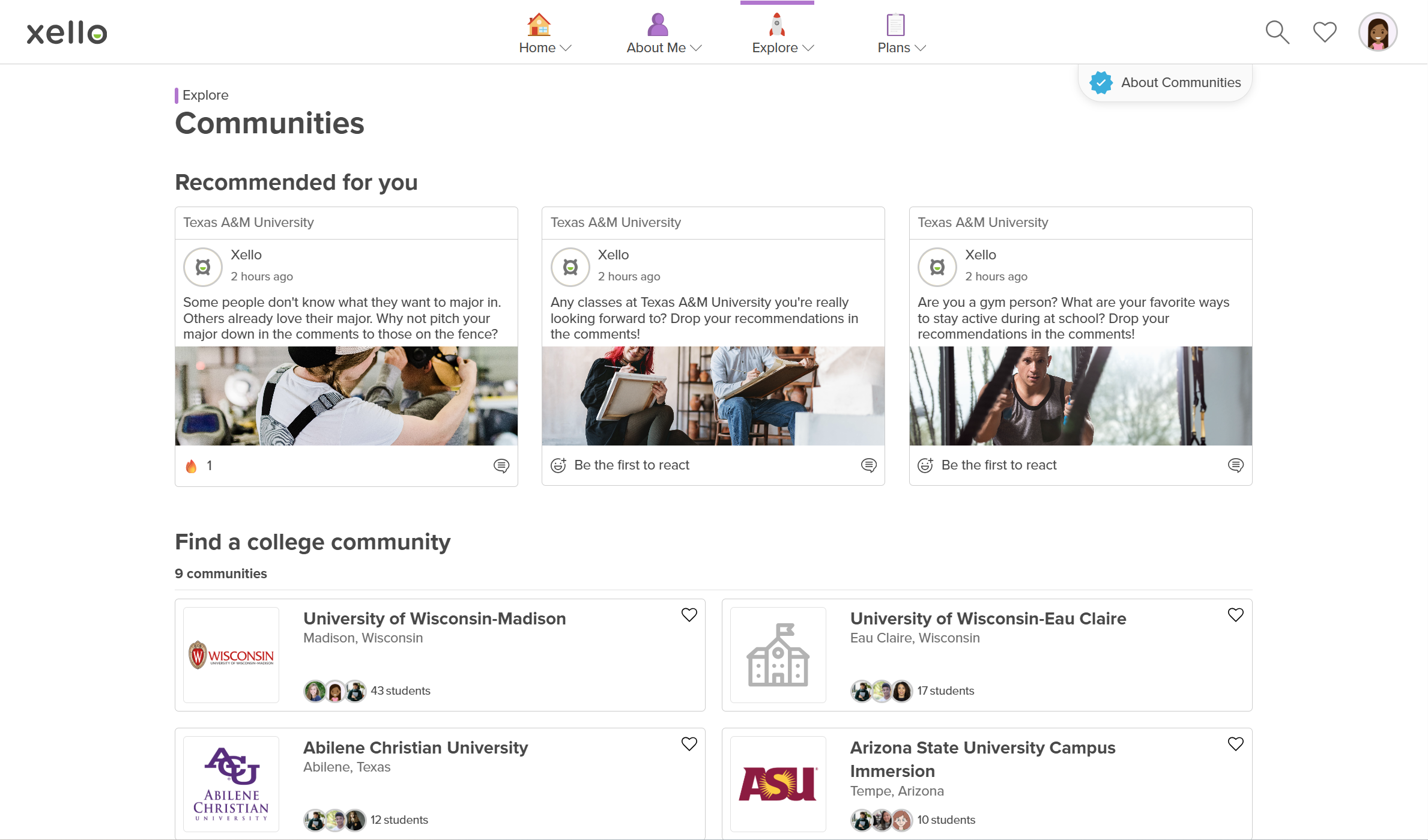 Student account in Xello on the Communities page. There are three posts that are recommended, and a list of college communities the student can click on.